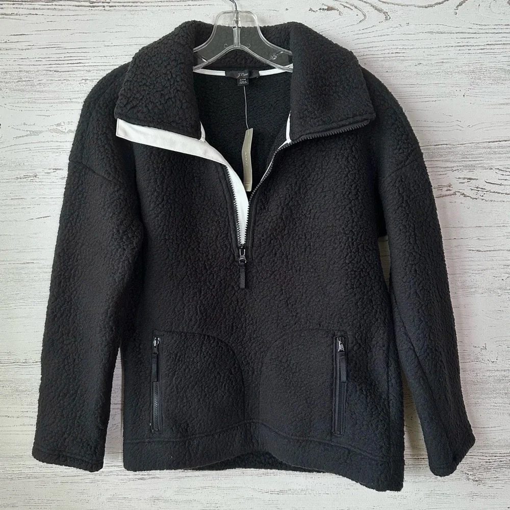 NWT J. CREW Polartec Women’s Fleece Half Zip Pullover Teddy Jacket Black XXS - Picture 1 of 9